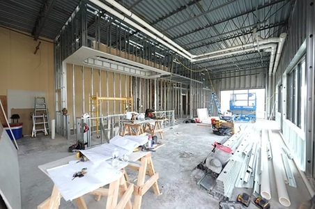Office interior with modern lighting and layout