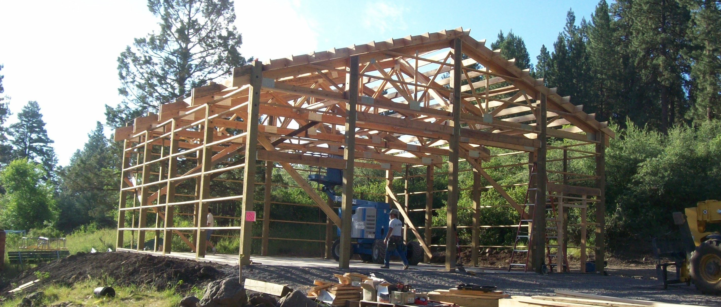 Large post-frame structure framing during a new construction build