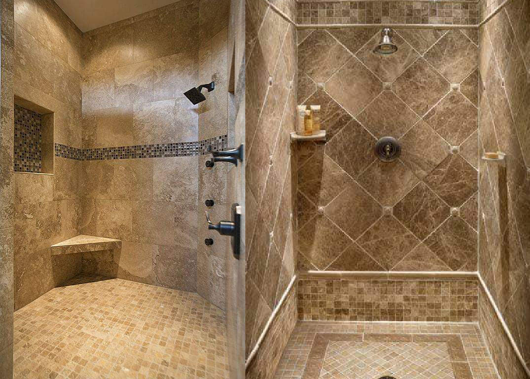 Walk-in shower tile work with modern fixtures